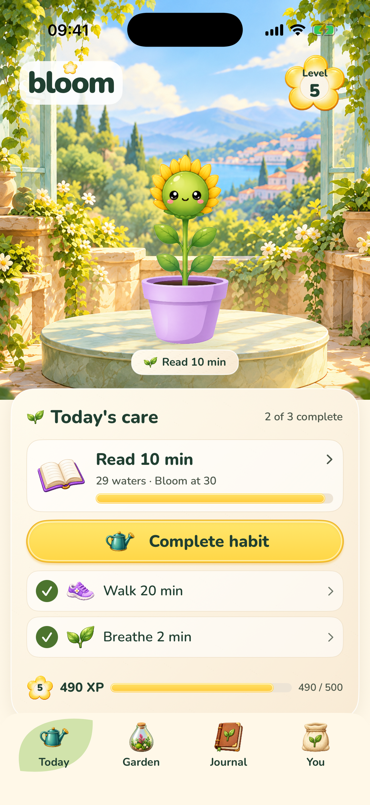 Bloom’s Today screen with a smiling sunflower, habit care and earned XP