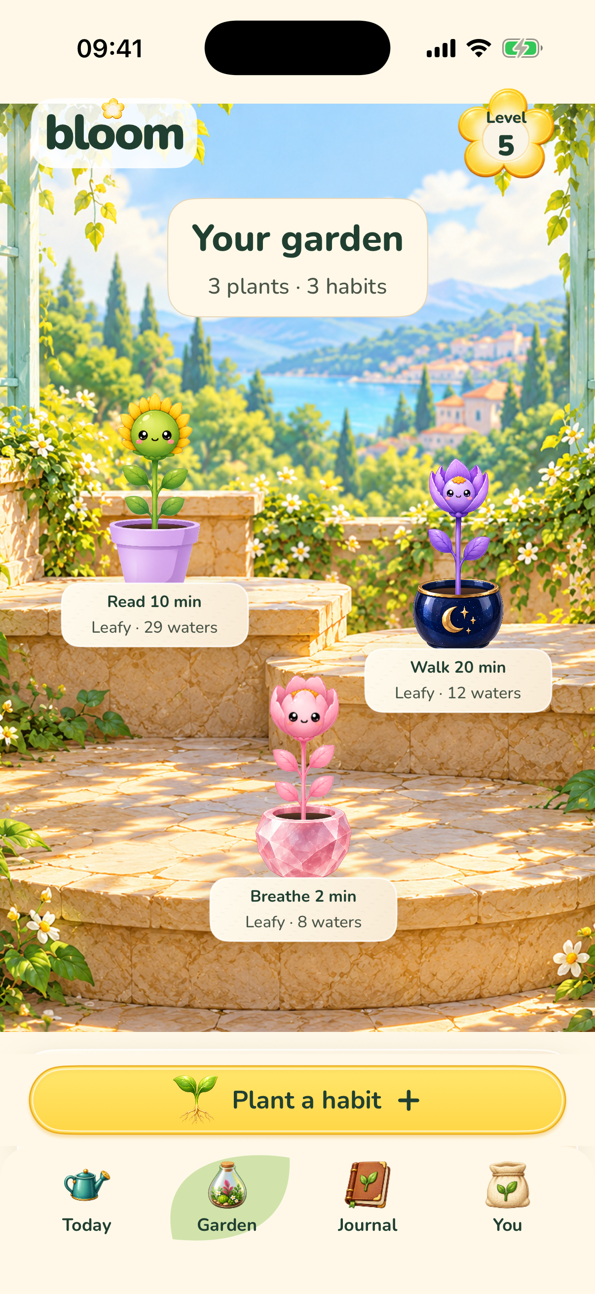 Bloom’s Garden screen showing original plants and a Plant a habit button