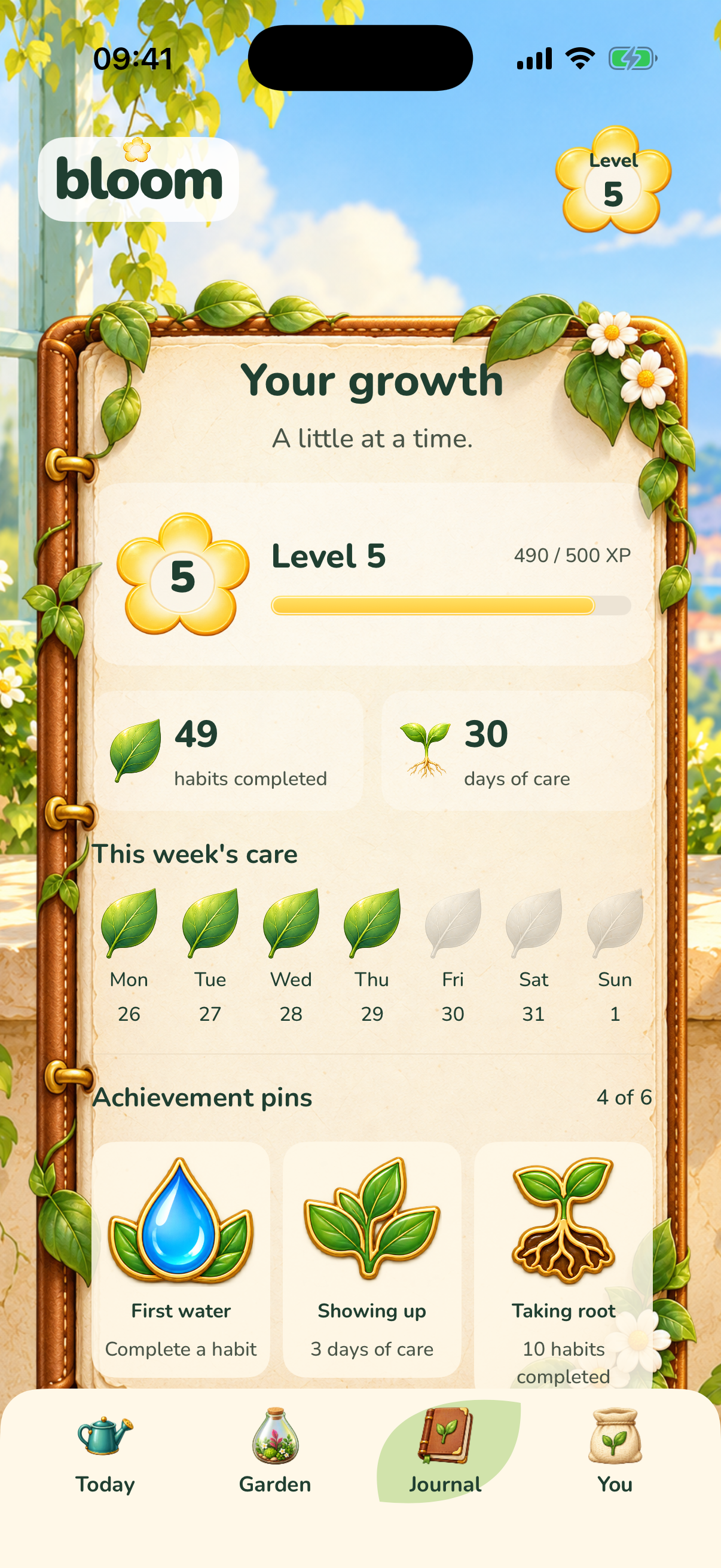 Bloom’s Journal with Monday-to-Sunday care history and earned achievement pins